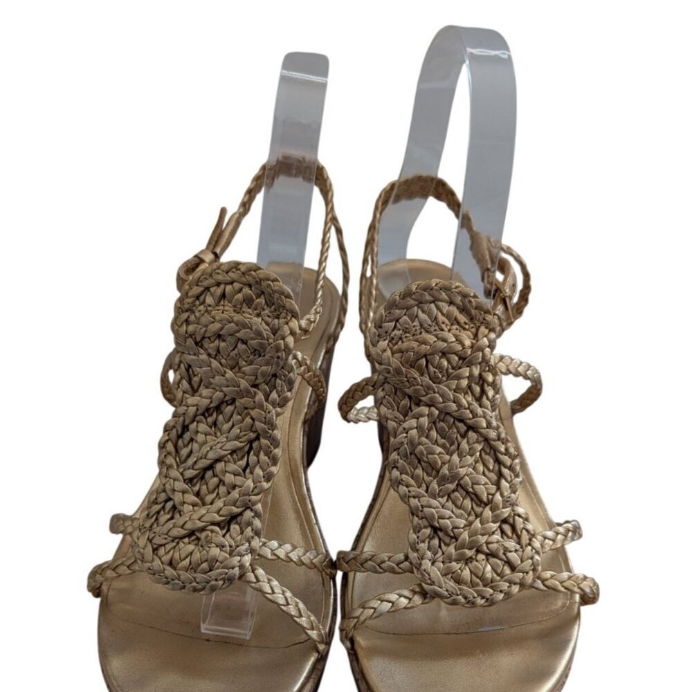 Kate Spade New York Becca Gold Braided Leather Cork Platform Wedge Sandals Sz 8 - Picture 4 of 10